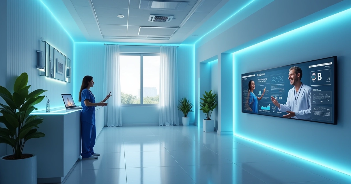 Cena de clínica médica com agente de IA e paciente, demonstrando atendimento automatizado e ambiente moderno.