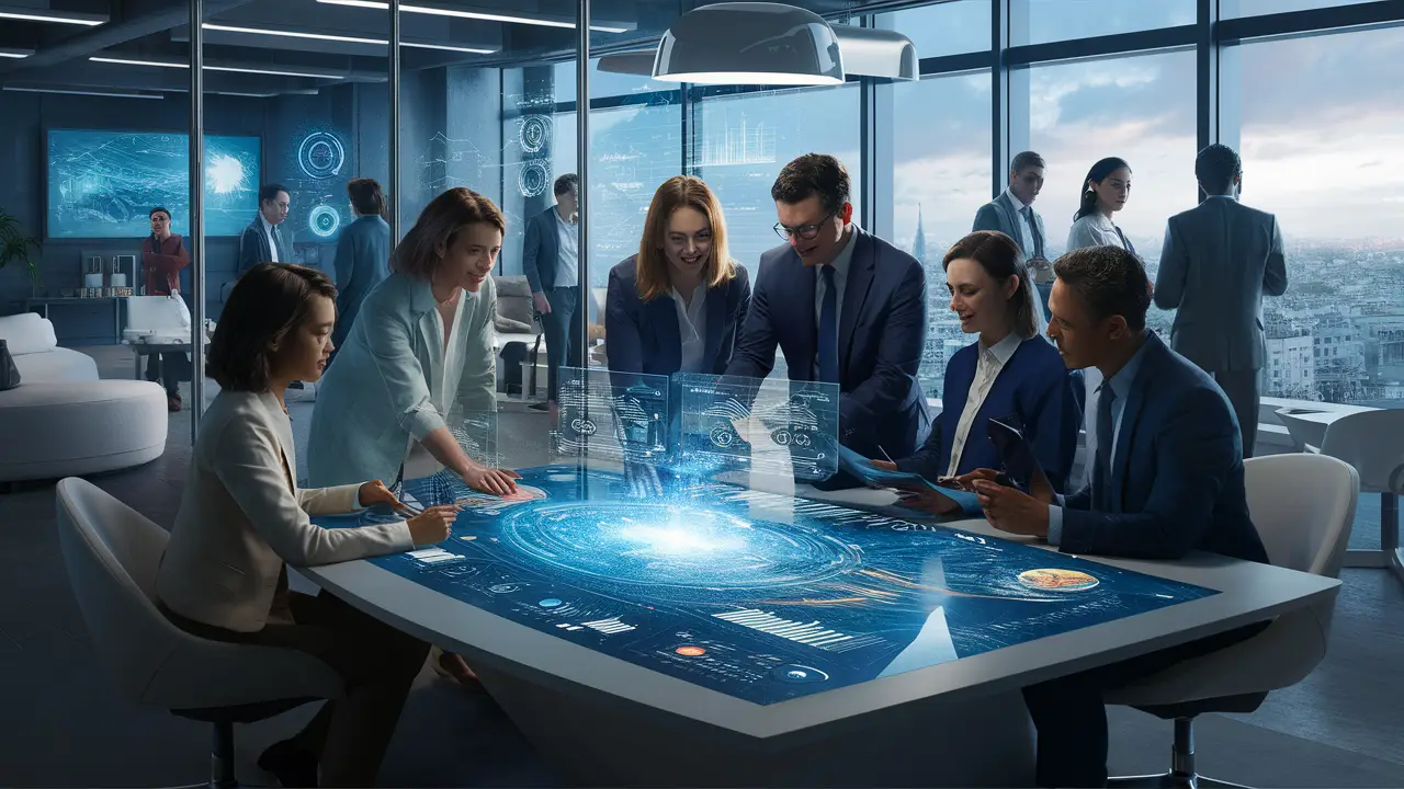 Equipe colaborando em um escritório futurista com mesa holográfica mostrando gráficos digitais e interfaces de IA.