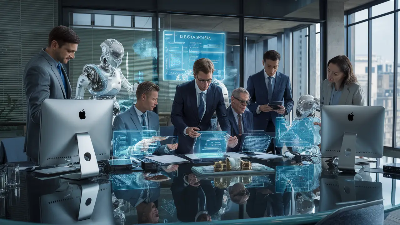 Escritório moderno com dispositivos de IA avançados, displays holográficos e advogados humanos interagindo.