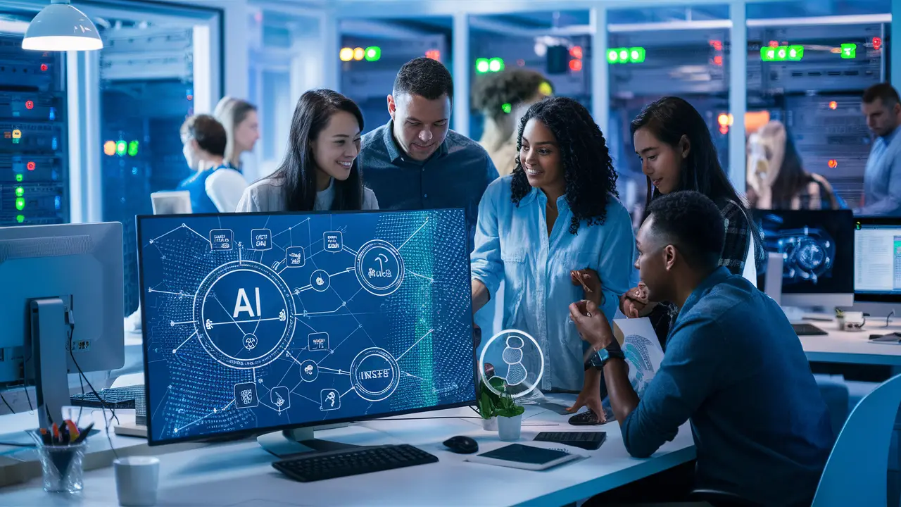 Pessoas diversas em um escritório moderno analisando diagrama de rede com ícones de IA em tela digital.