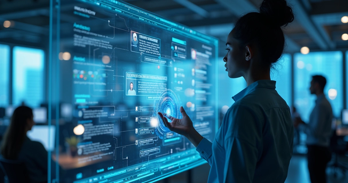 Agente de IA em tela digital interagindo com clientes via chat em ambiente corporativo moderno