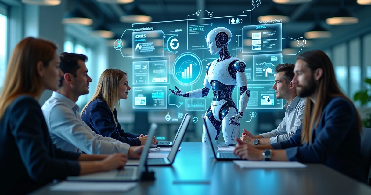 Agente de IA interagindo com equipe comercial diante de telas digitais com gráficos e dados em alta resolução