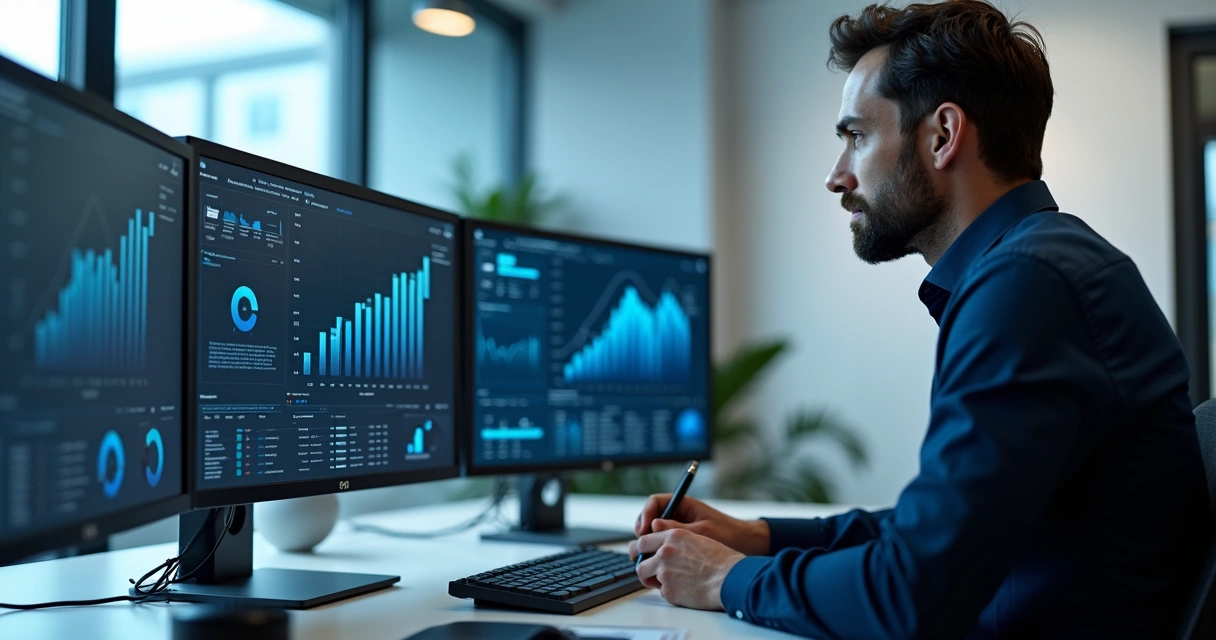 Profissional analisando gráficos de indicadores de IA em tela de computador com ambiente moderno de escritório