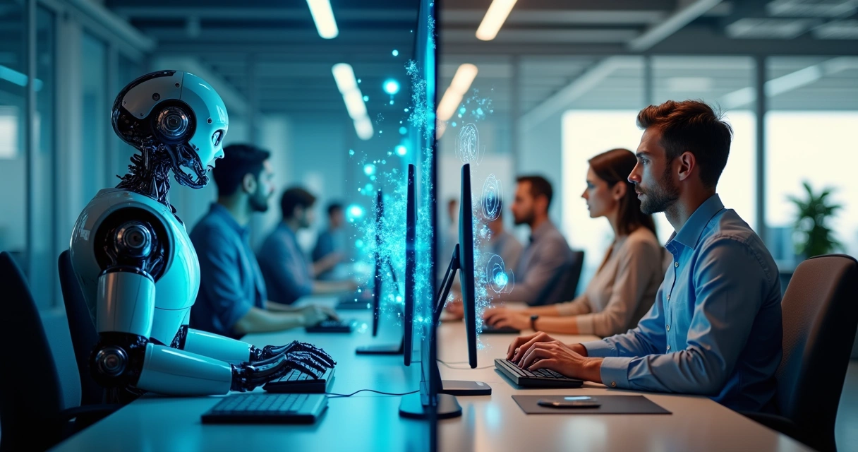 Comparação entre robôs de automação e equipe humana em ambiente corporativo para cobranças