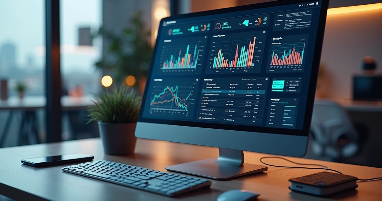 Mesa de escritório com tela de computador exibindo dashboard de CRM com gráficos e automação por IA, ambiente moderno com iluminação suave e elementos tecnológicos ao redor