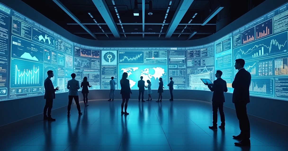 Ambiente corporativo moderno com telas digitais mostrando gráficos de crescimento e automação de processos