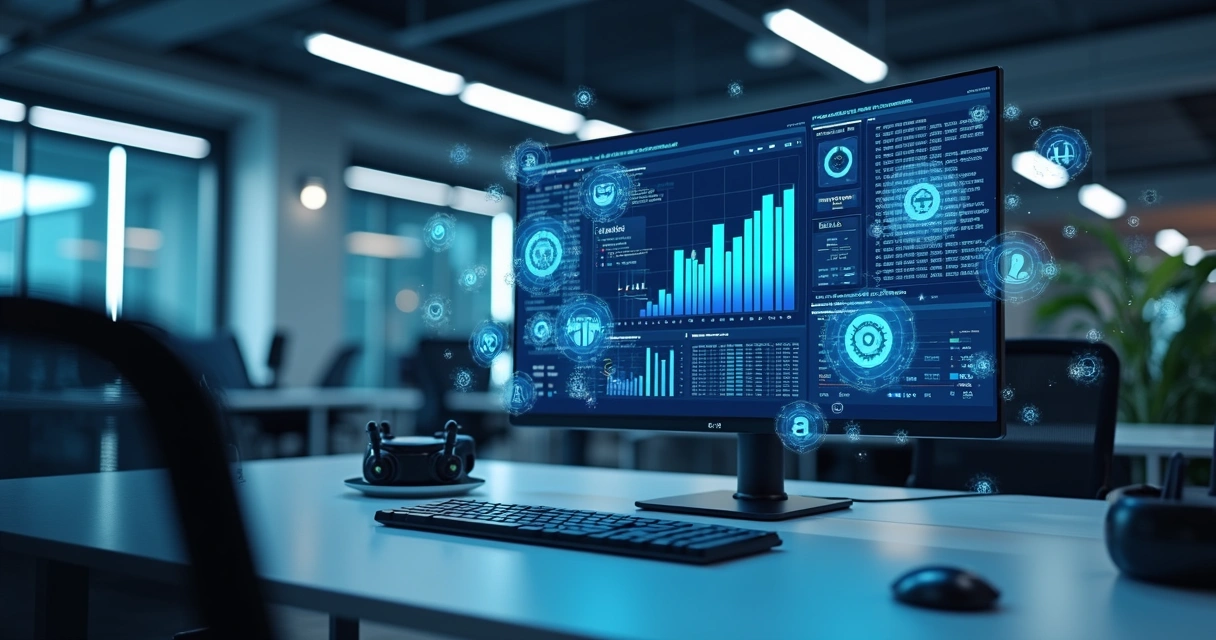 Computador mostrando dashboard digital com gráficos, robôs, e ícones de inteligência artificial integrados em ambiente empresarial moderno