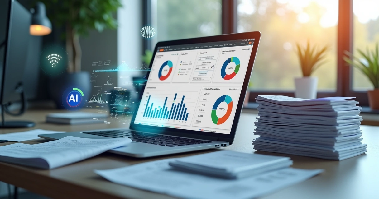 Mesa de escritório com notebook, papéis fiscais organizados, gráficos digitais flutuantes e ícones de inteligência artificial representando automação contábil