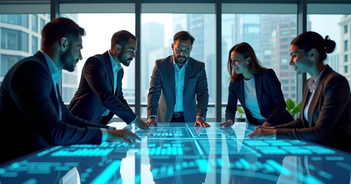 Equipe de profissionais empresariais reunida em sala moderna com telas digitais mostrando gráficos de dados e inteligência artificial