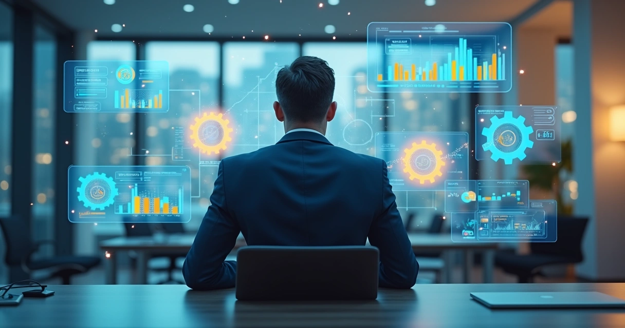 Empresário confuso analisando gráficos digitais e telas com ícones de inteligência artificial e engrenagens