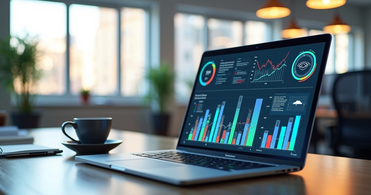 Mesa de trabalho moderna com laptop mostrando gráficos de desempenho e inteligência artificial na tela