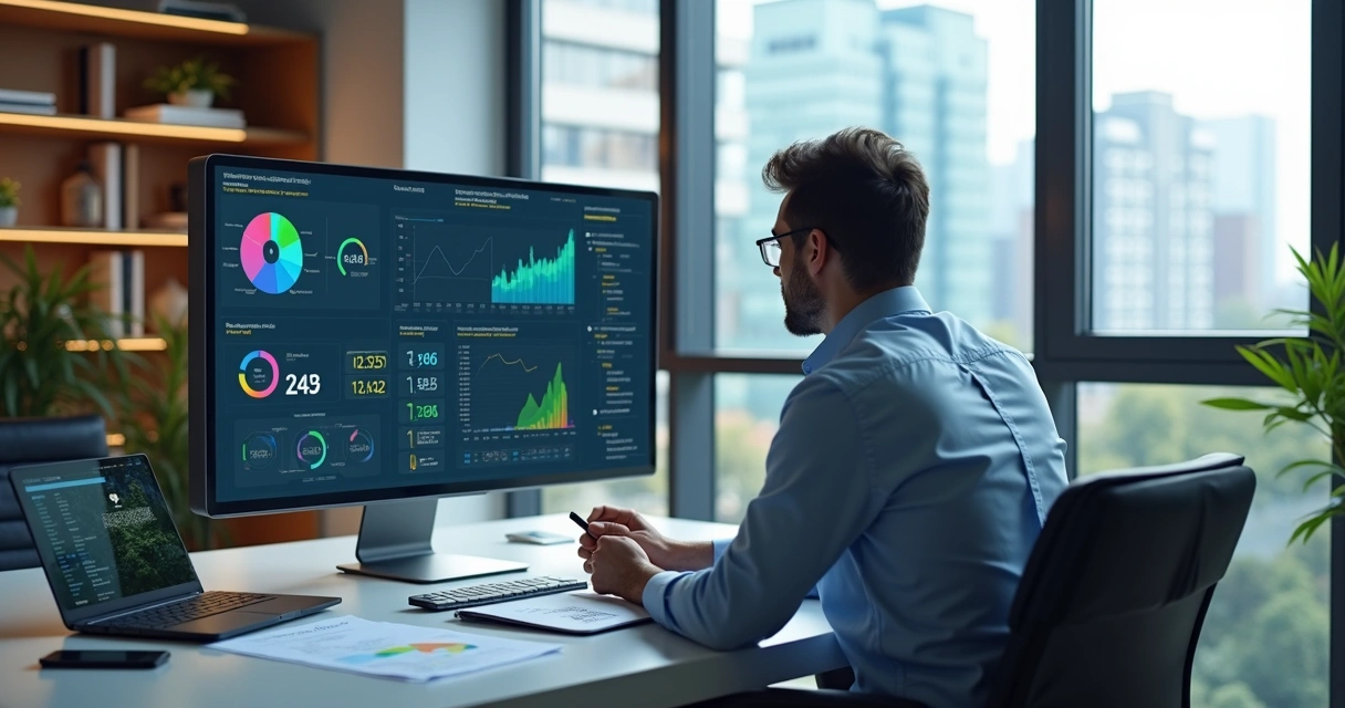 gestor-analisa-dashboard-automacao-635.webp Gestor analisando dashboard digital com indicadores de automação comercial e gráficos de desempenho