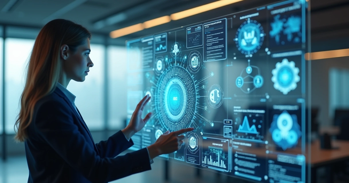 Pessoa analisando gráficos e dados em tela transparente com ícones de inteligência artificial e automação no escritório moderno