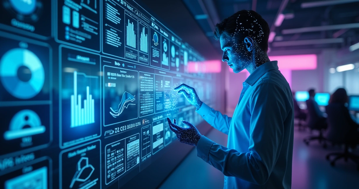 Agente de IA em interface digital gerenciando atendimento ao cliente, gráficos e dados estratégicos em tela futurista