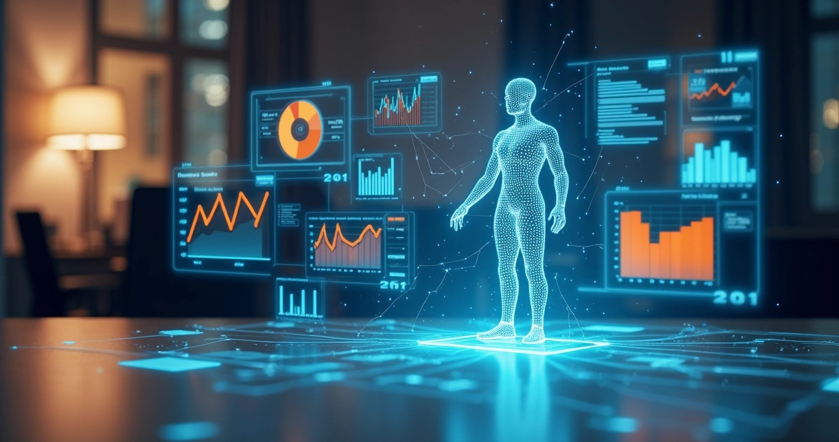 Agente de IA interagindo com gráficos de vendas, automação de atendimento e análise de dados em tela digital