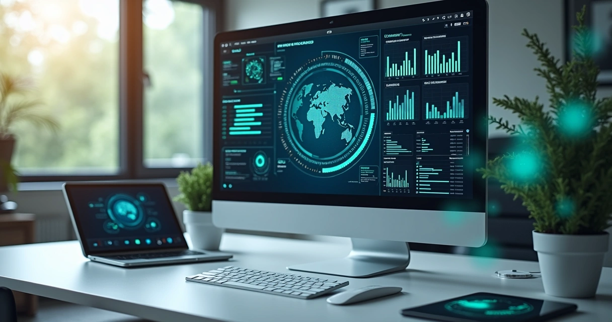 Interface digital com agente de IA gerenciando automação comercial em tela de computador moderno