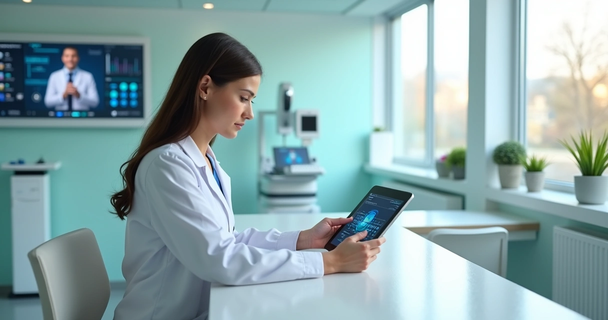 Profissional de saúde utilizando agente de IA em tablet para agendamento automatizado em clínica moderna