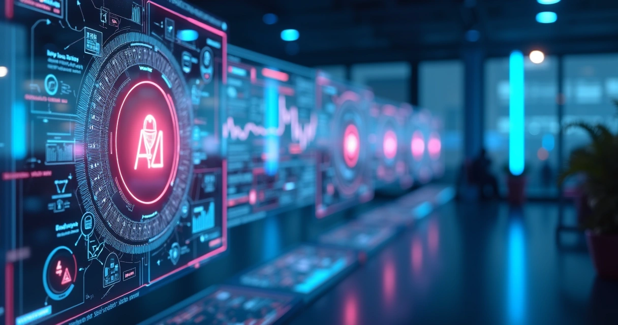 Interface digital mostrando agentes de IA personalizados integrando sistemas empresariais com gráficos e dados em fundo futurista