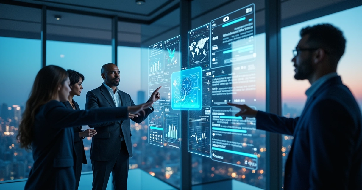 Profissionais em ambiente corporativo usando interfaces digitais com elementos holográficos representando agentes de IA para automação e análise de dados