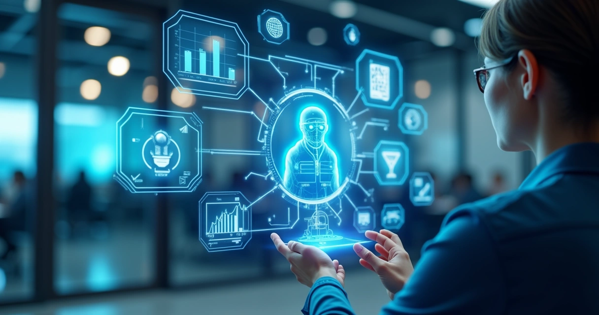 Agente de IA interagindo com cliente em uma interface digital futurista, com gráficos e dados ao fundo em ambiente corporativo