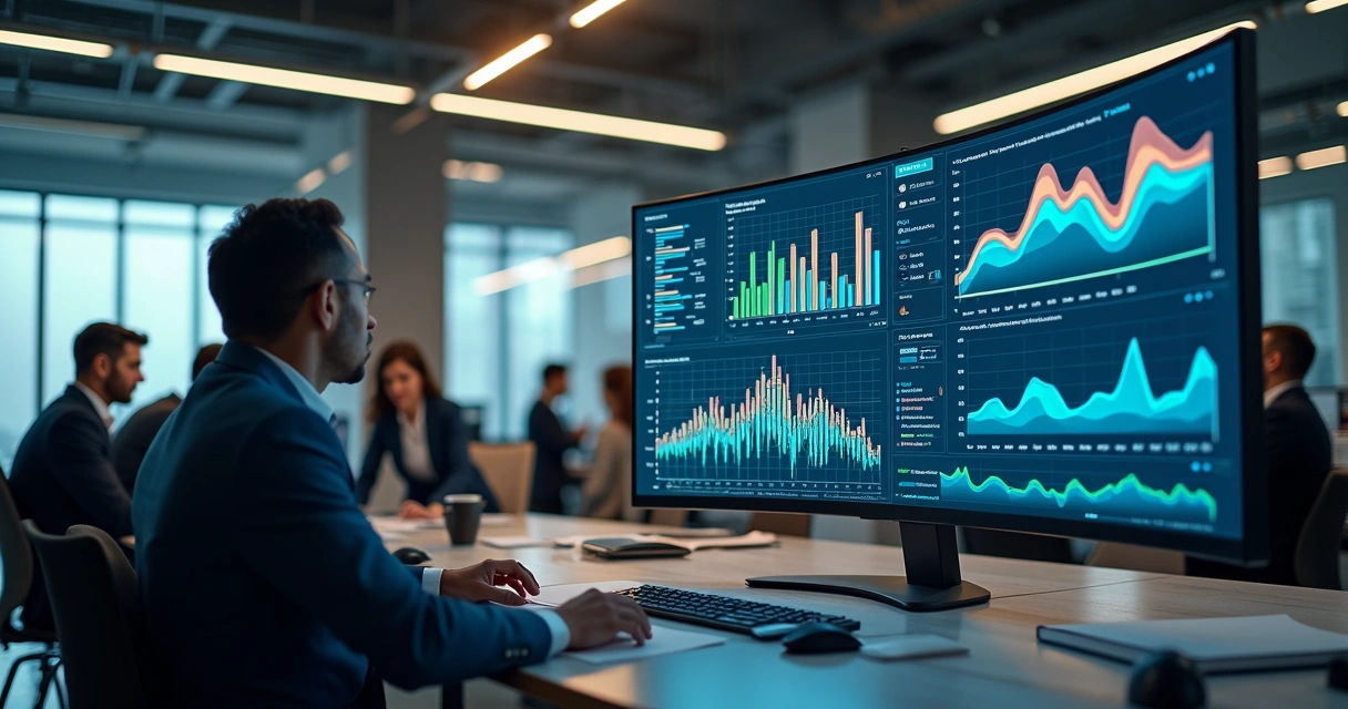 Tela de computador mostrando gráficos de análise preditiva com equipe de profissionais analisando dados em ambiente corporativo moderno