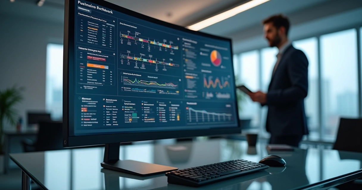 Computador com gráficos analíticos e fluxos de processos destacando pontos críticos em ambiente de escritório moderno