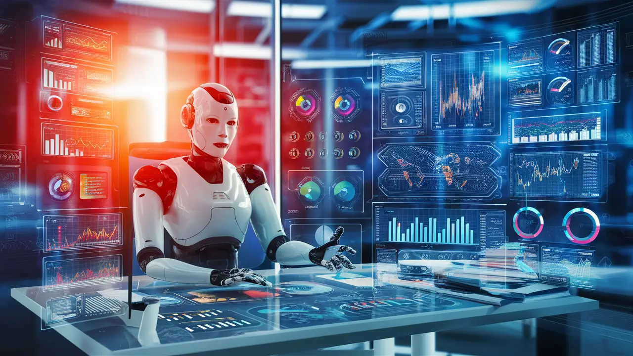 Assistente robô de IA em mesa de escritório futurista com telas digitais exibindo dados e gráficos coloridos.