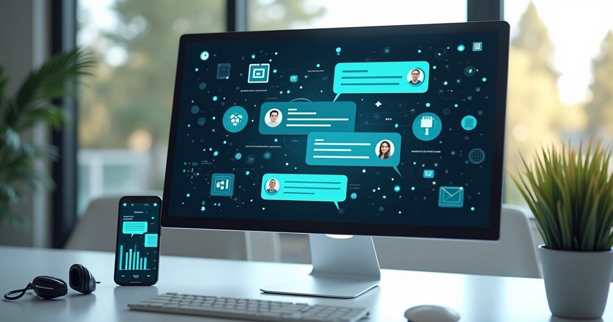 Tela de computador exibindo chatbot inteligente respondendo atendimento ao cliente, com gráficos de desempenho e integração CRM ao fundo