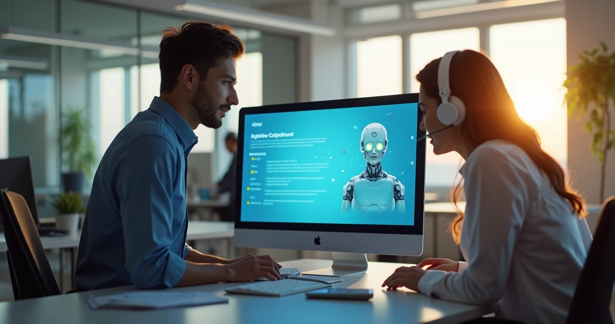 Computador exibindo chatbot de atendimento com inteligência artificial em interface moderna e equipe trabalhando ao fundo