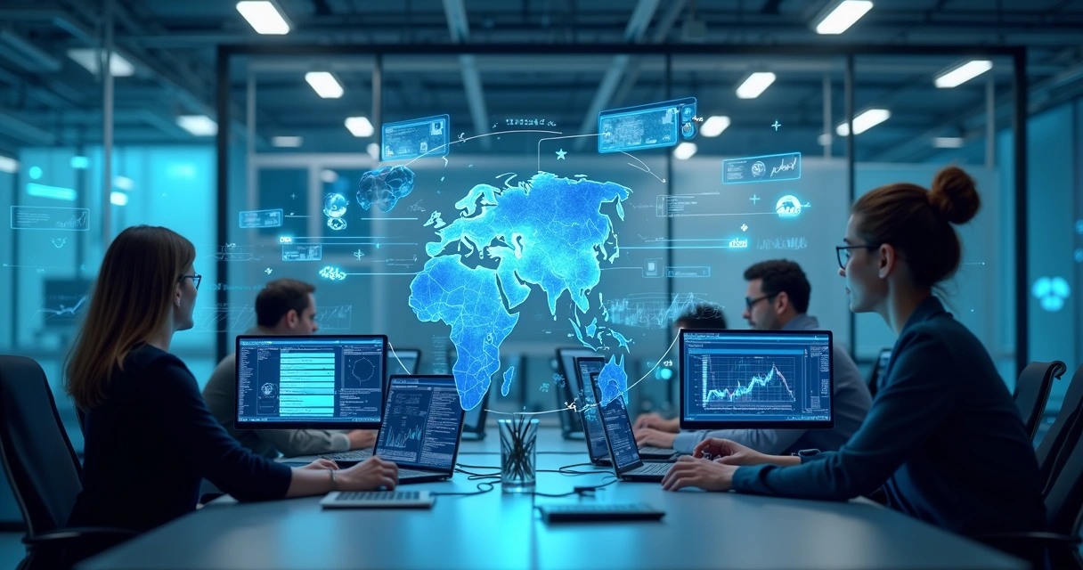 Funcionários utilizando computadores com gráficos digitais holográficos representando automação com IA em ambiente corporativo moderno