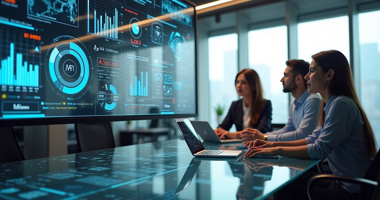 Ambiente corporativo moderno com tela digital exibindo gráficos de automação IA e equipe analisando dados