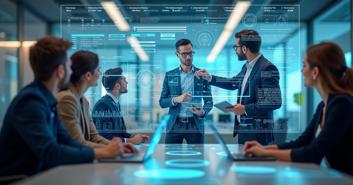 automacao-ia-projetos-empresa-673.webp Equipe empresarial analisando dados e fluxos de trabalho com tecnologia de inteligência artificial em telas digitais transparentes