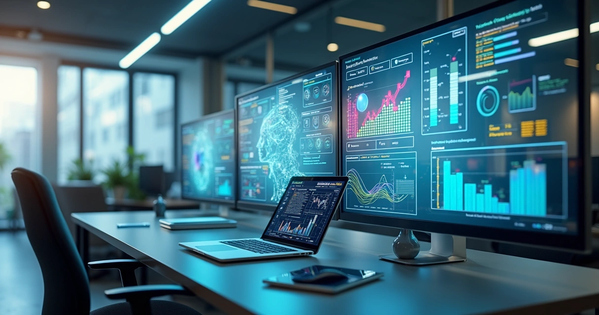 Sala moderna com telas digitais demonstrando gráficos de automação com inteligência artificial e integração de sistemas