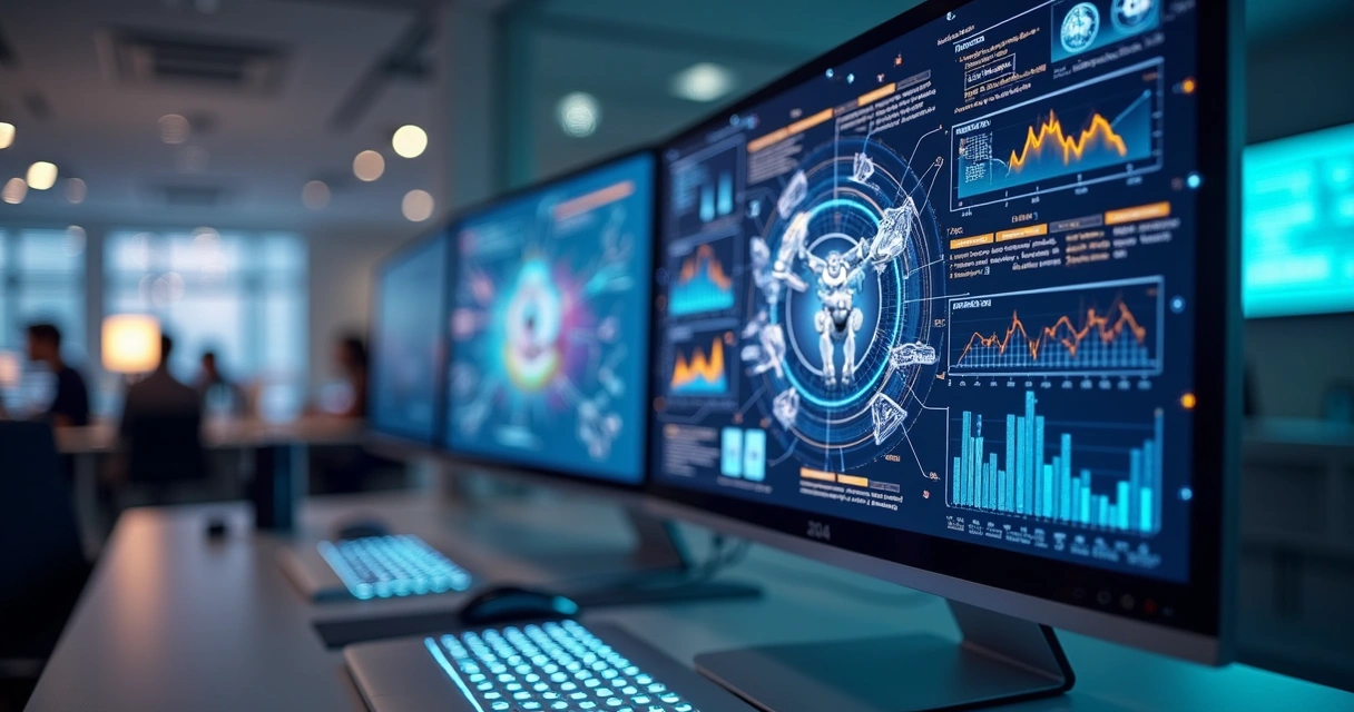 Computador moderno exibindo painel com gráficos dinâmicos e ícones digitais de IA e automação integrados