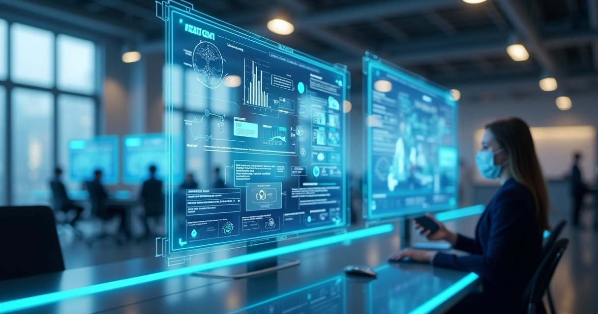 Representação gráfica de automação inteligente com IA integrando dados e processos digitais em uma interface futurista