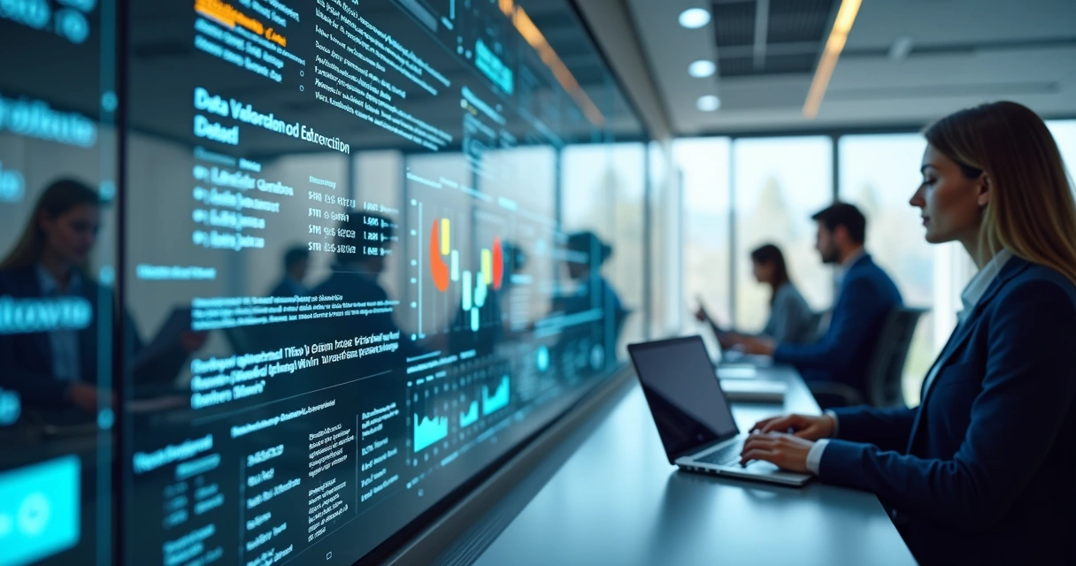 Interface de software exibindo automação de processos com gráficos e alertas inteligentes em ambiente corporativo