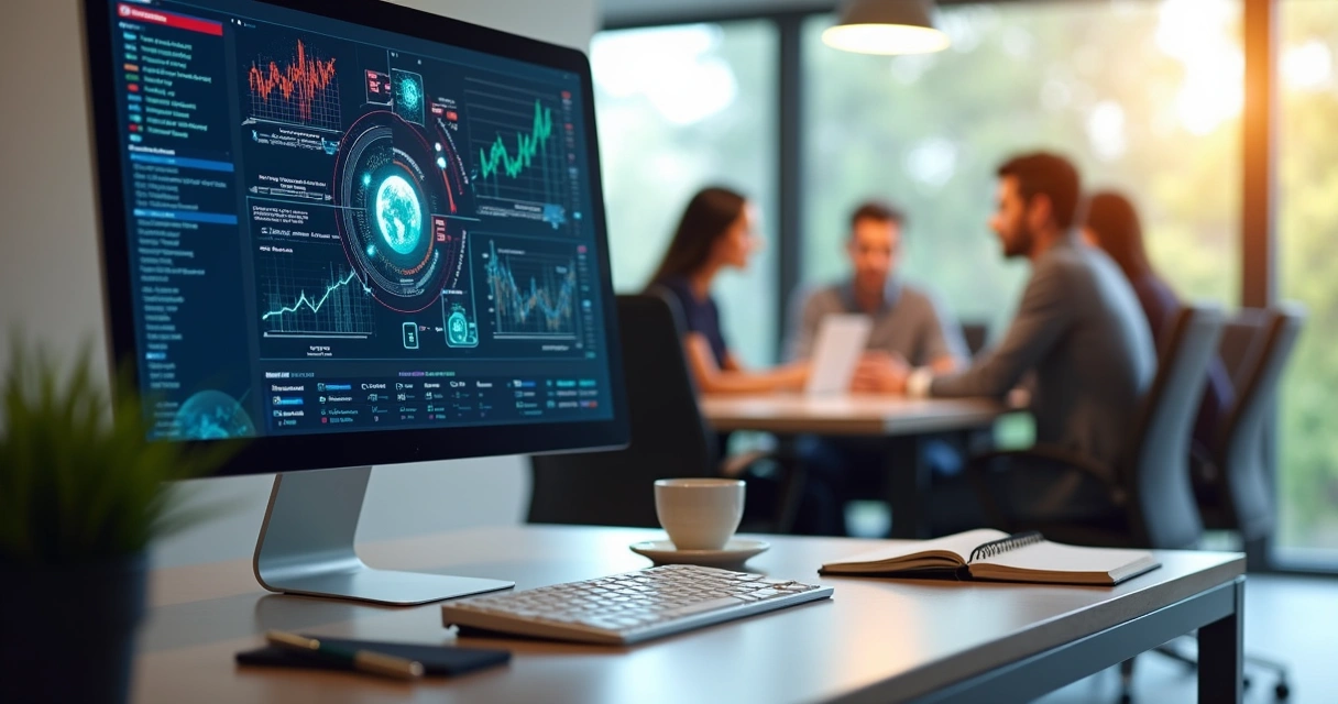 automacao-processos-ia-software-871.webp Interface de software com gráficos, fluxos de processos e ícones de inteligência artificial em tela de computador