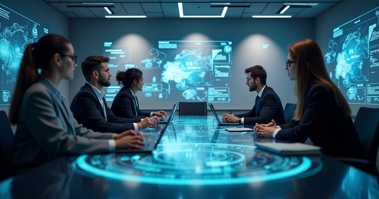 Equipe multidisciplinar discutindo soluções de automação IA em ambiente corporativo moderno, com telas digitais exibindo gráficos e integrações de sistemas