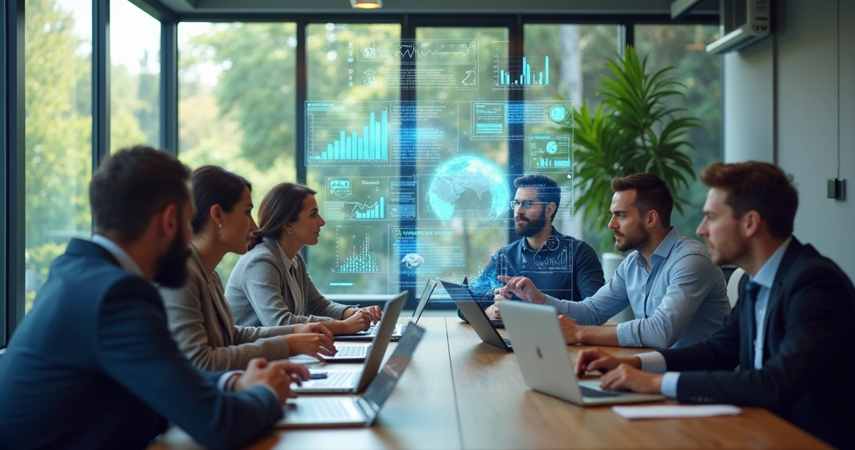 Equipe comercial usando laptops e tablets com gráficos digitais e inteligência artificial ao redor