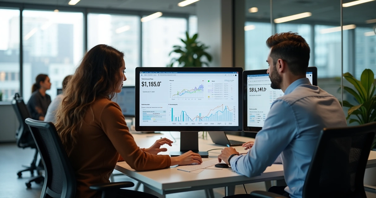 Equipe de profissionais em escritório moderno utilizando agentes de IA em computadores com telas mostrando dashboards intuitivos e gráficos de vendas