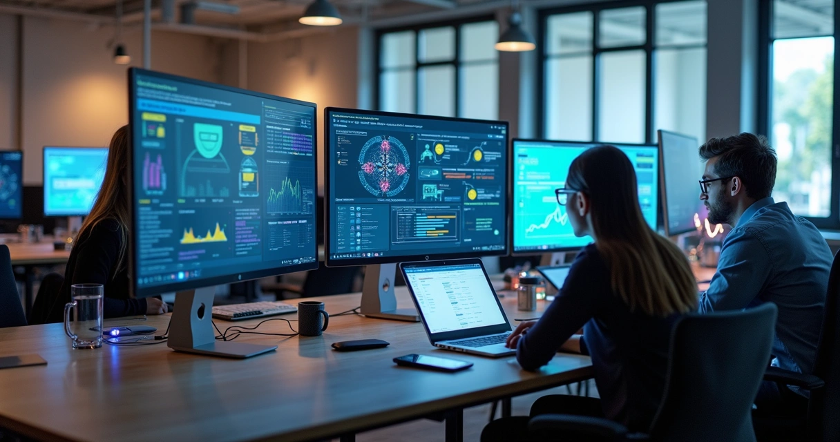 equipe-trabalho-automatizacao-ia-416-20.webp Equipe de trabalho em escritório moderno utilizando computadores com interfaces de automação de IA no monitor