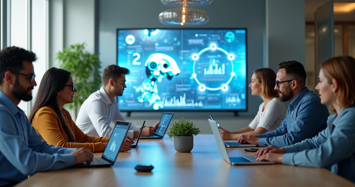 Equipe de trabalho reunida em escritório moderno utilizando computadores e tecnologia para automação de IA