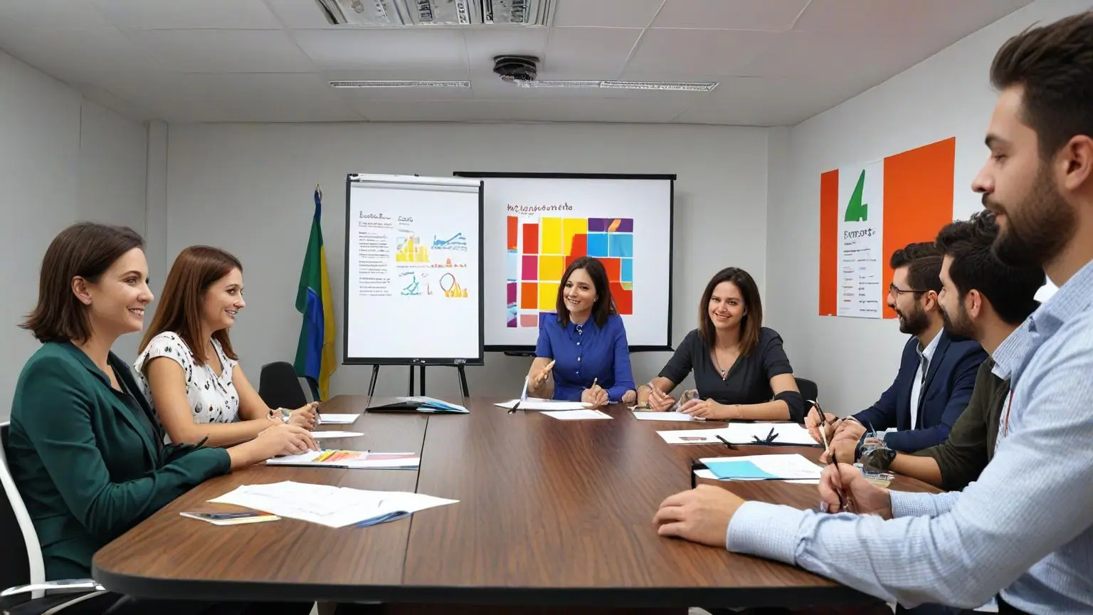 Ambiente de escritório moderno com equipe colaborando usando soluções de IA e gráficos dinâmicos.