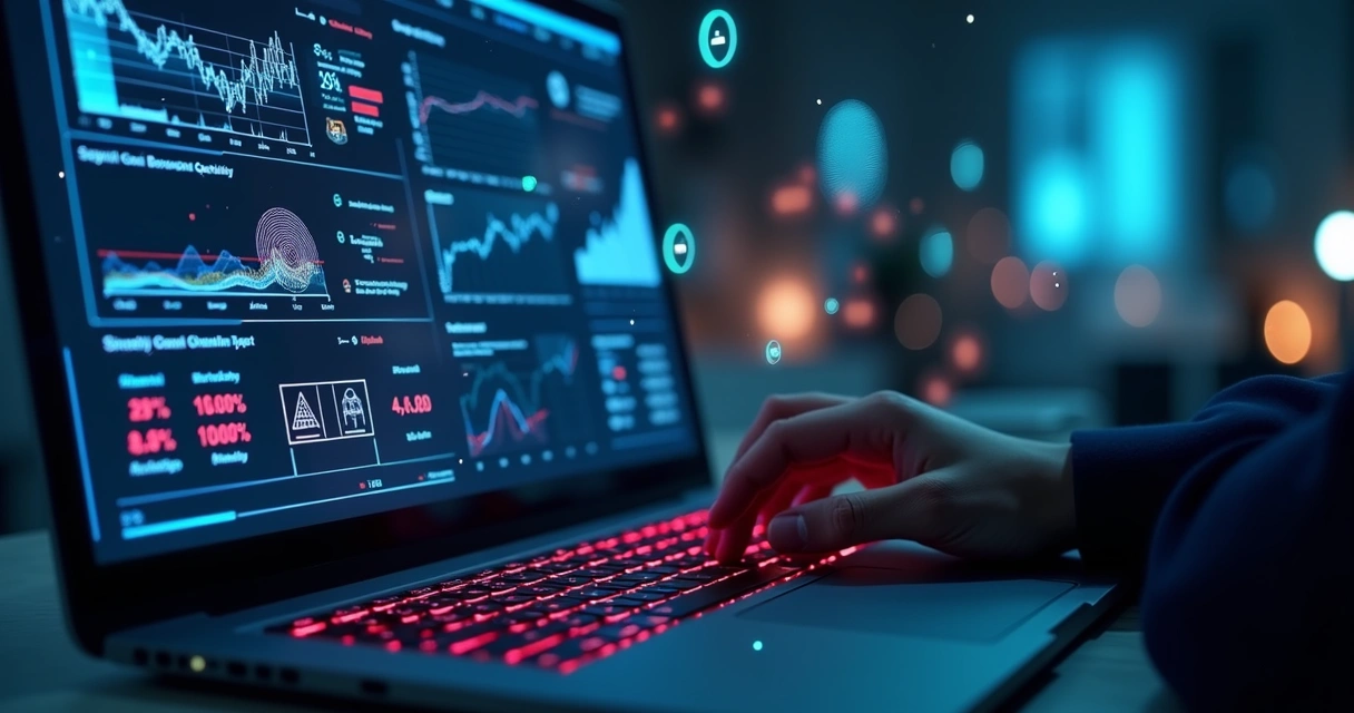 Tela digital mostrando sistema de IA detectando fraudes em vendas online B2B com gráficos e alertas vermelhos