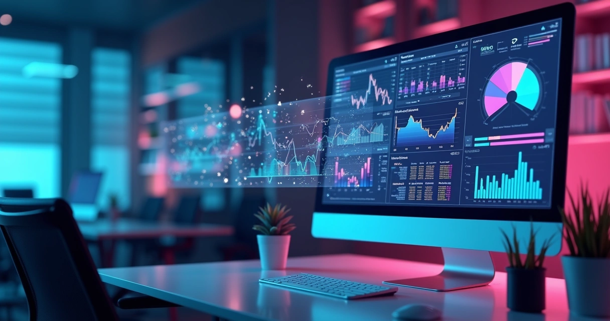 Computador com gráficos digitais coloridos em tela mostrando análise de mercado B2B com IA