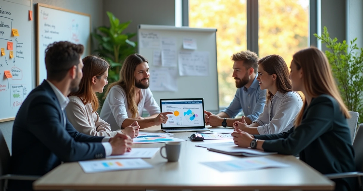Equipe de negócios reunida em escritório discutindo gestão de mudança para projetos de IA