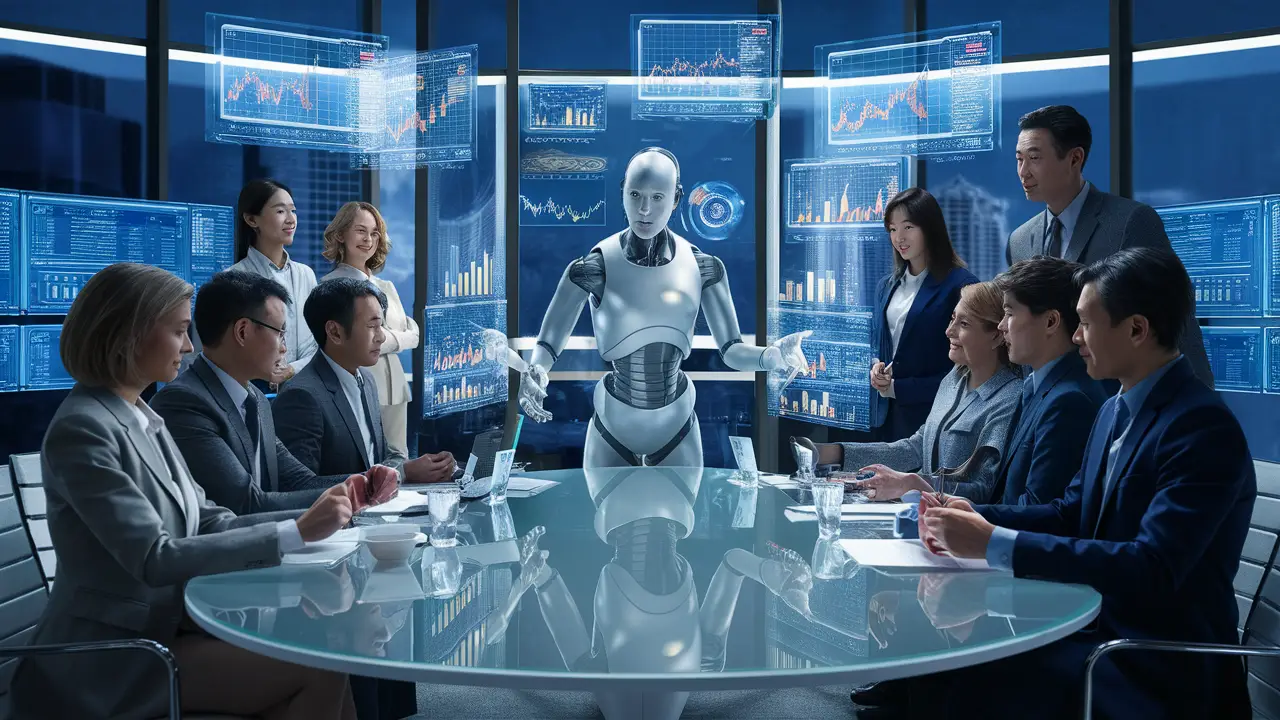 Robô humanoide interage com profissionais em mesa de vidro com hologramas de gráficos de vendas.