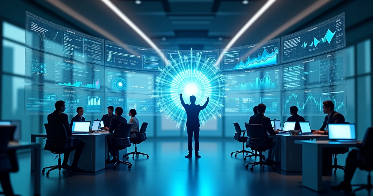 Agentes virtuais em ação integrando sistemas empresariais em ambiente moderno de escritório com telas digitais mostrando dados e automação