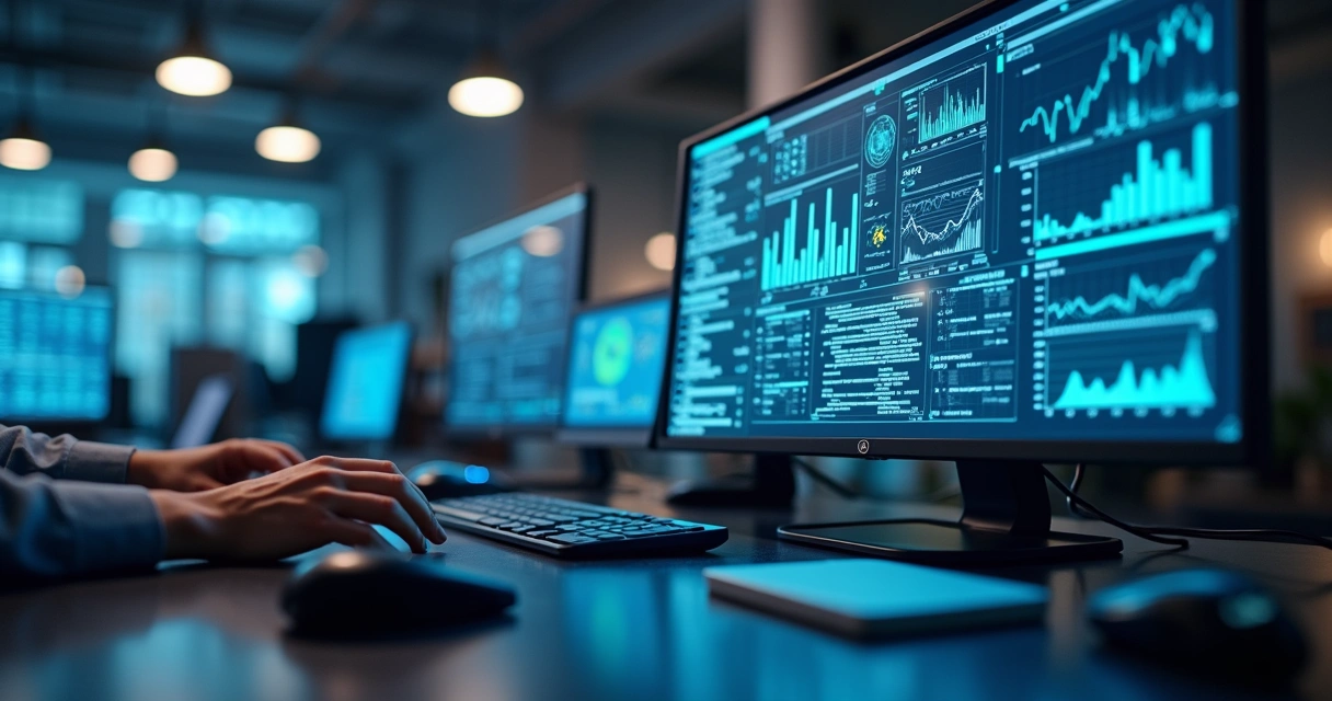 Computador exibindo gráficos detalhados e dados de análise operacional em ambiente corporativo moderno