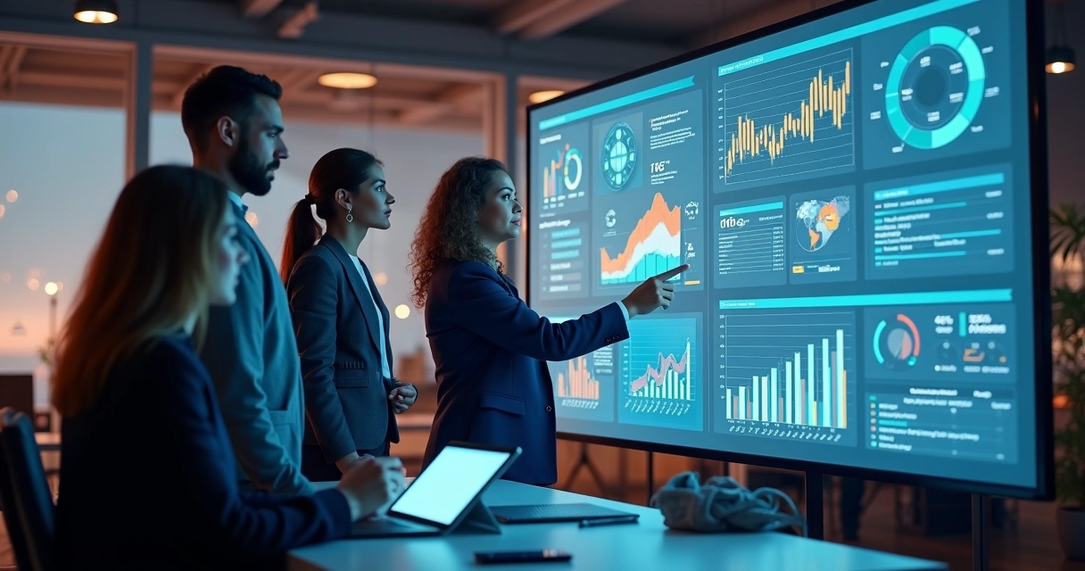 Equipe de vendas analisando relatórios digitais em tela com gráficos de desempenho e dados interativos
